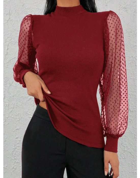 Kadınkolu Tül Detaylı Yarım Balıkçı Kaşkorse Bluz