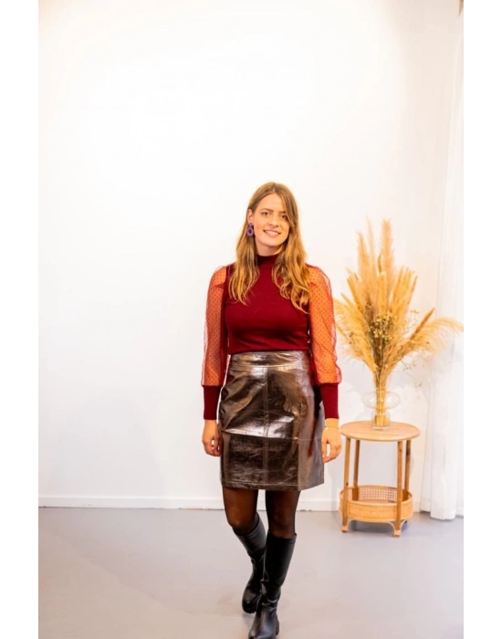 Kadınkolu Tül Detaylı Yarım Balıkçı Kaşkorse Bluz