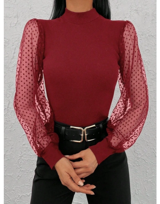 Kadınkolu Tül Detaylı Yarım Balıkçı Kaşkorse Bluz