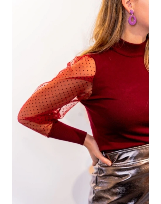 Kadınkolu Tül Detaylı Yarım Balıkçı Kaşkorse Bluz