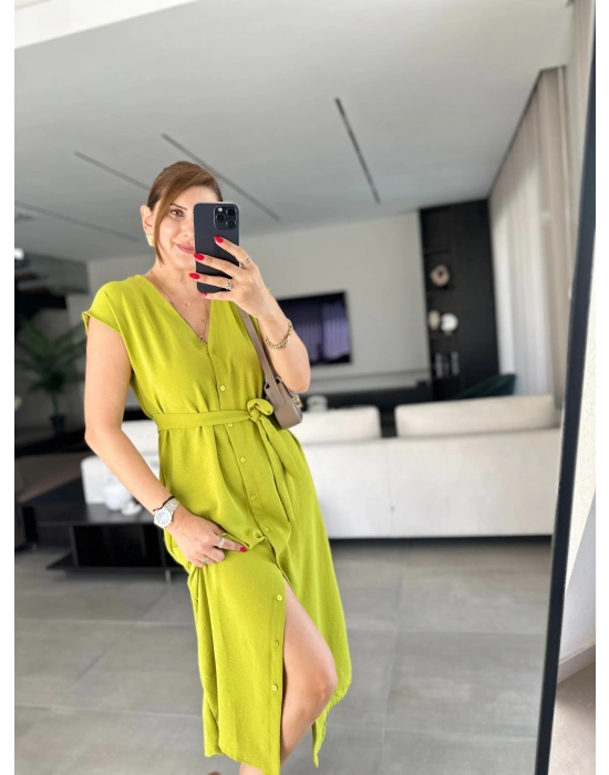 Kadınn V Yaka Düğme Detay Kuşak Dahil Elbise