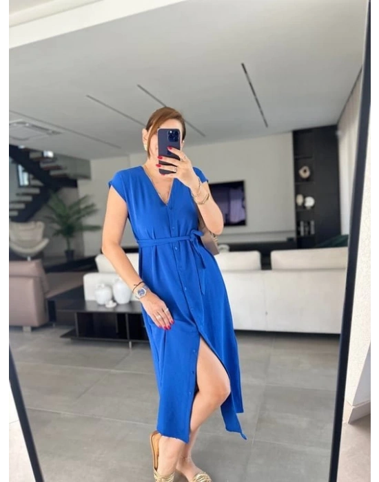 Kadınn V Yaka Düğme Detay Kuşak Dahil Elbise