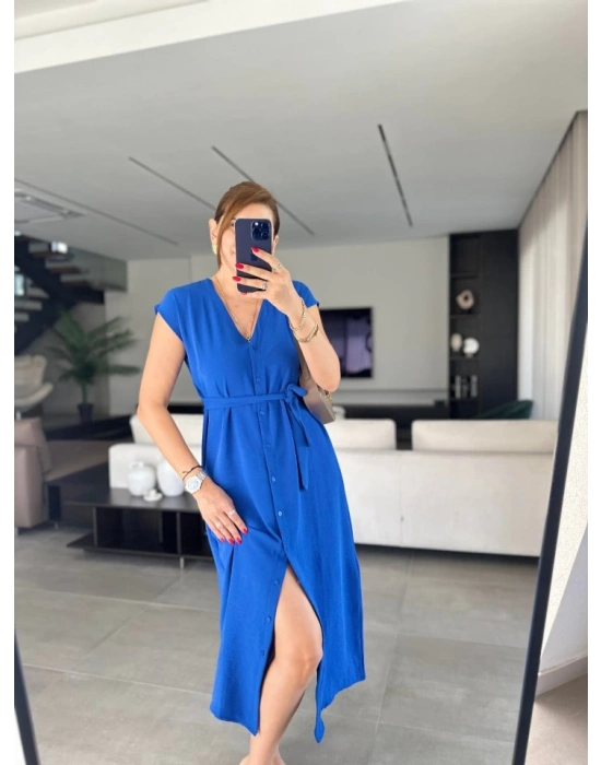 Kadınn V Yaka Düğme Detay Kuşak Dahil Elbise