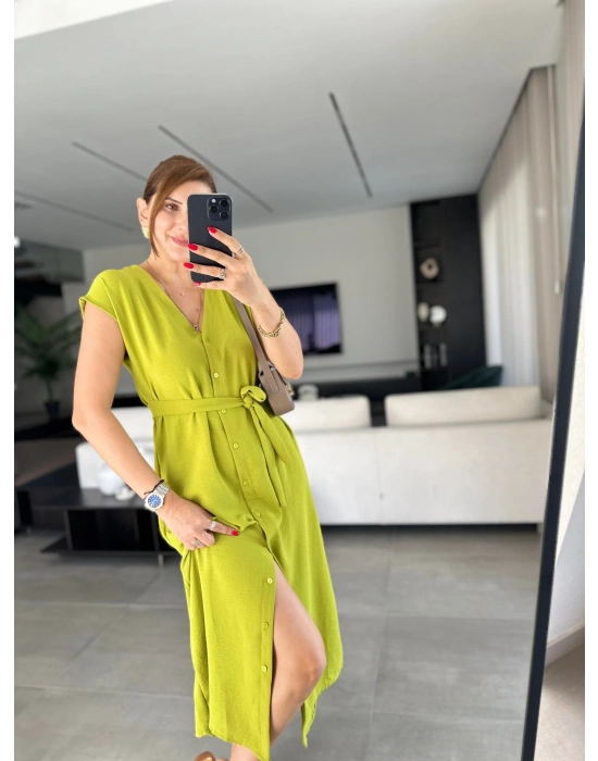 Kadınn V Yaka Düğme Detay Kuşak Dahil Elbise