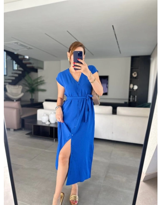 Kadınn V Yaka Düğme Detay Kuşak Dahil Elbise