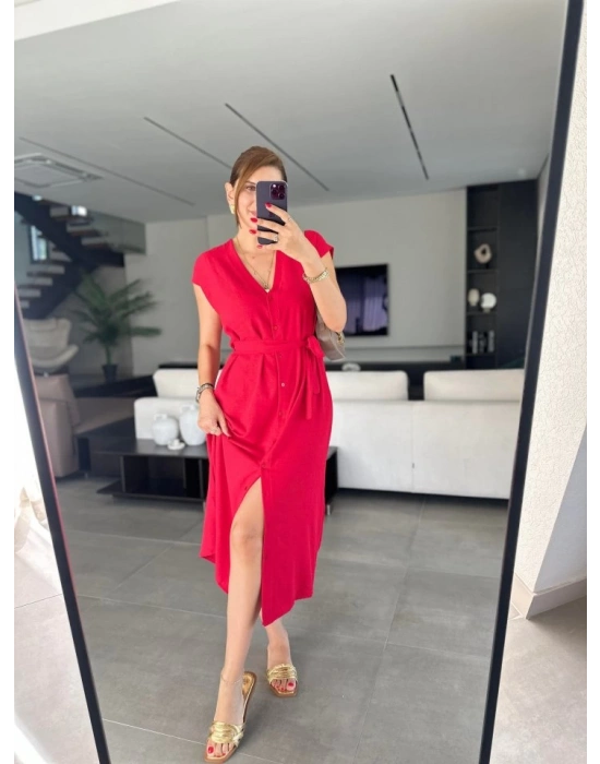 Kadınn V Yaka Düğme Detay Kuşak Dahil Elbise