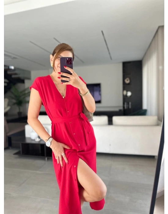 Kadınn V Yaka Düğme Detay Kuşak Dahil Elbise