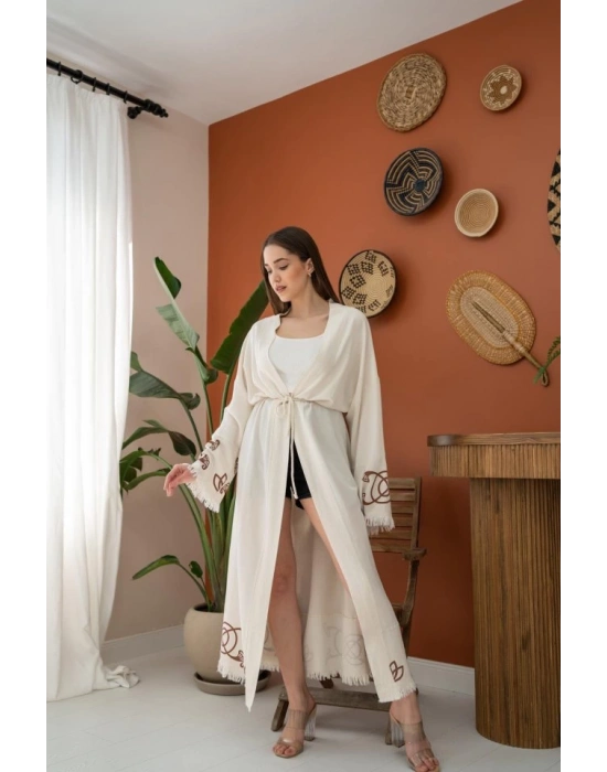 Kahverengi Baskı Detay Keten Hırka