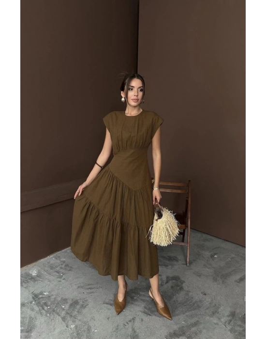 Kahverengi Büzgü Detaylı Keten Elbise
