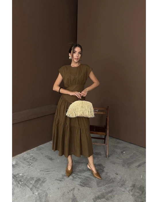 Kahverengi Büzgü Detaylı Keten Elbise