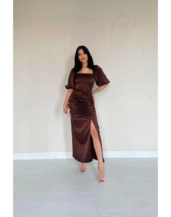 Kahverengi Büzgülü Saten Elbise