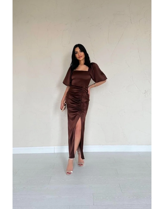 Kahverengi Büzgülü Saten Elbise