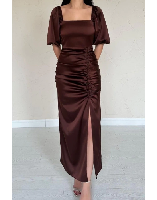 Kahverengi Büzgülü Saten Elbise