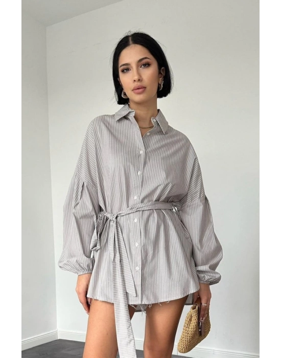 Kahverengi Çizgili Poplin Kuşaklı Gömlek