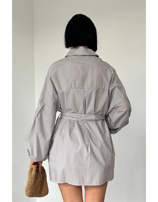 Kahverengi Çizgili Poplin Kuşaklı Gömlek