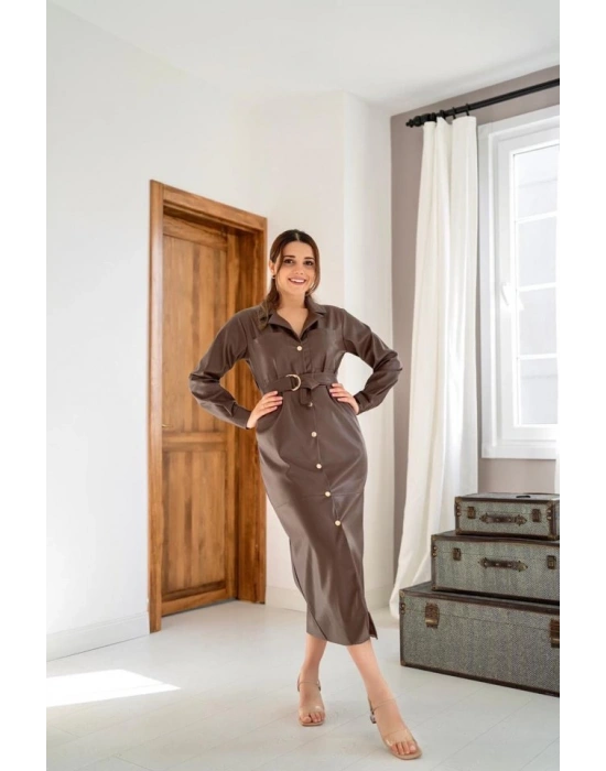 Kahverengi Kemerli Deri Elbise