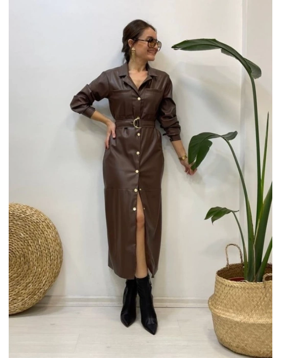Kahverengi Kemerli Deri Elbise
