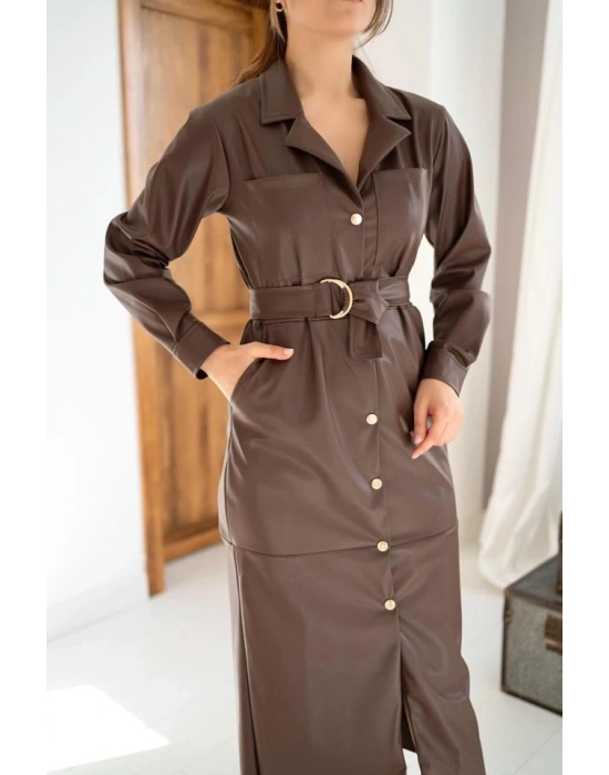 Kahverengi Kemerli Deri Elbise