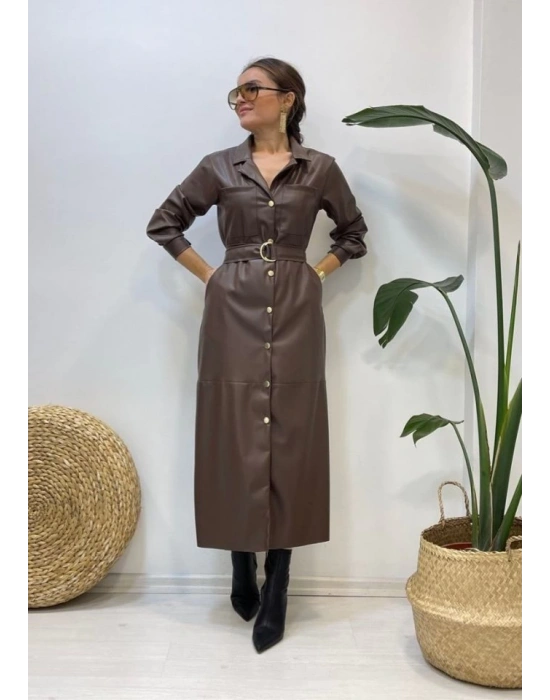 Kahverengi Kemerli Deri Elbise