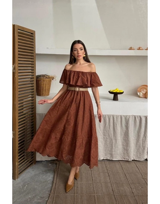 Kahverengi Omzu Lastikli Brode Elbise