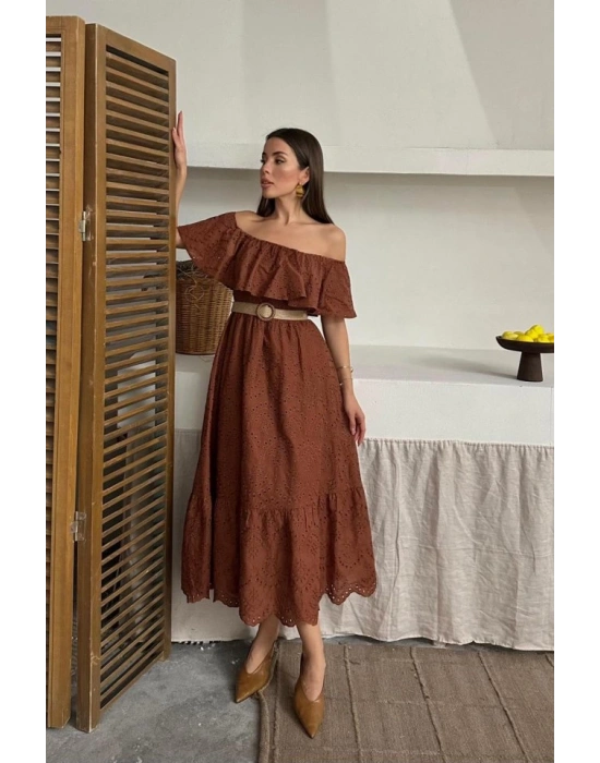 Kahverengi Omzu Lastikli Brode Elbise
