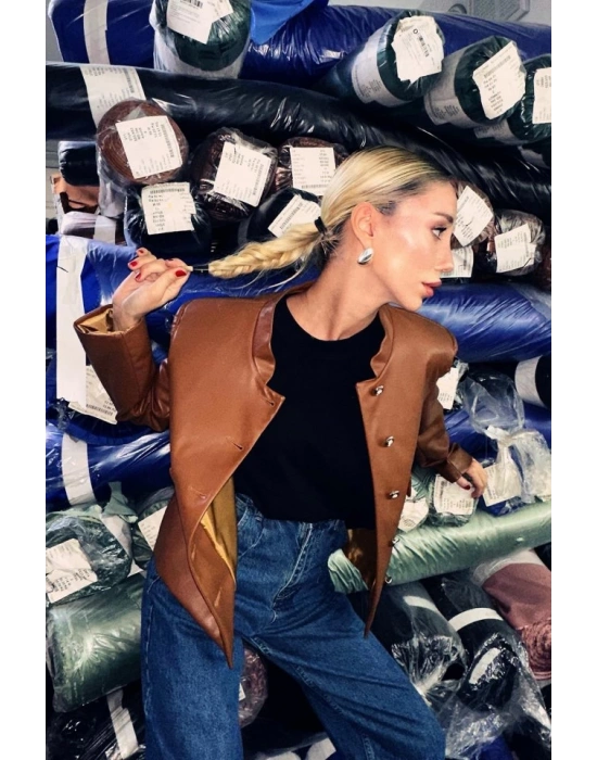 Kahverengi Önü Düğme Kapamalı Deri Ceket