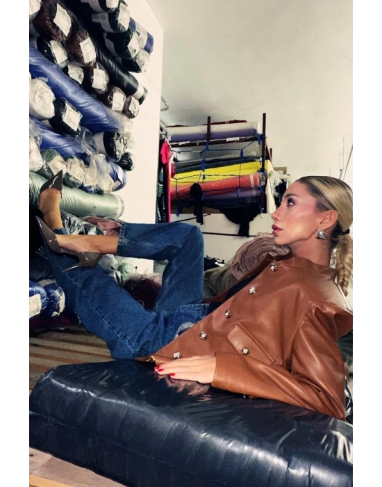 Kahverengi Önü Düğme Kapamalı Deri Ceket