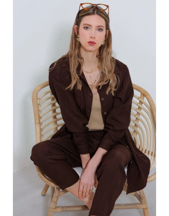 Kahverengi Oversize Keten Alt Üst Takım 6622