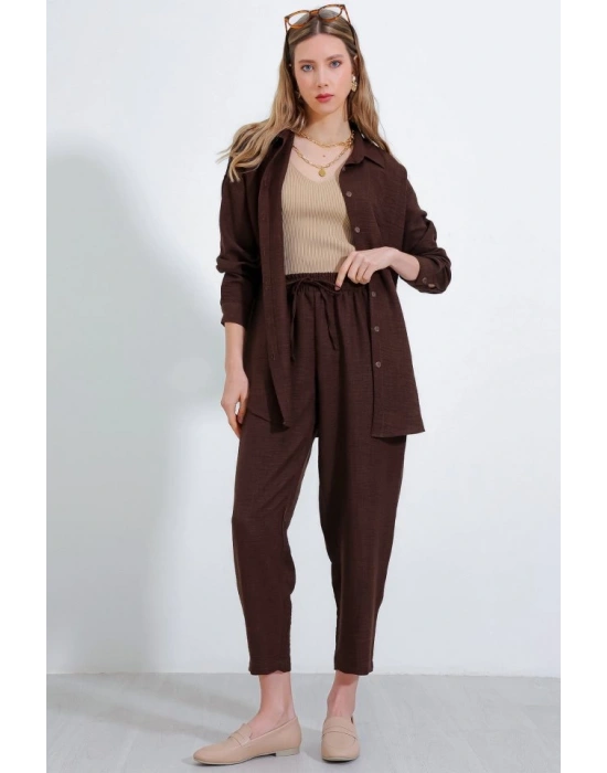 Kahverengi Oversize Keten Alt Üst Takım 6622