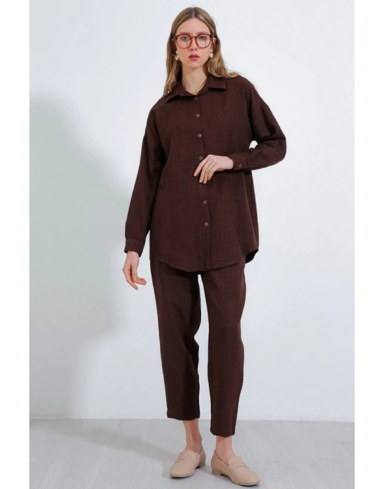 Kahverengi Oversize Keten Alt Üst Takım 6622
