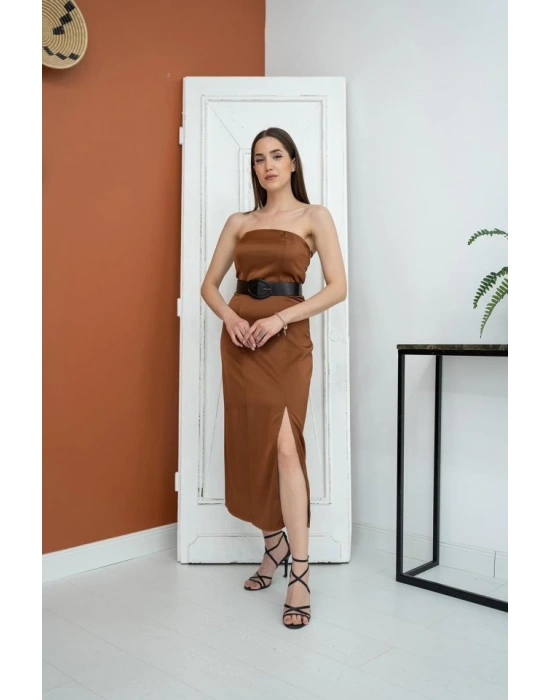 Kahverengi traplez aten Elbise