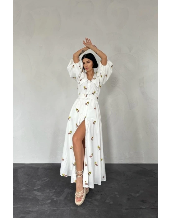 Kahverengi Yakası Çiçek Motifli Kemerli Elbise