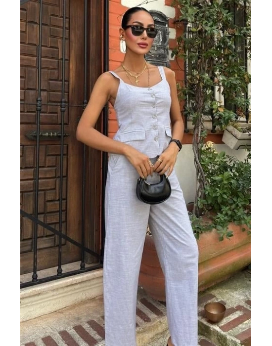 Kalın Askılı Bluz Pantolon Keten Takım 10187
