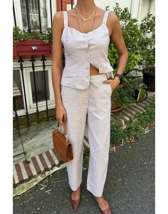 Kalın Askılı Bluz Pantolon Keten Takım 10187