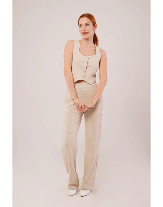Kalın Askılı Düğmeli Yelek Ve Pantolon Bej Takım