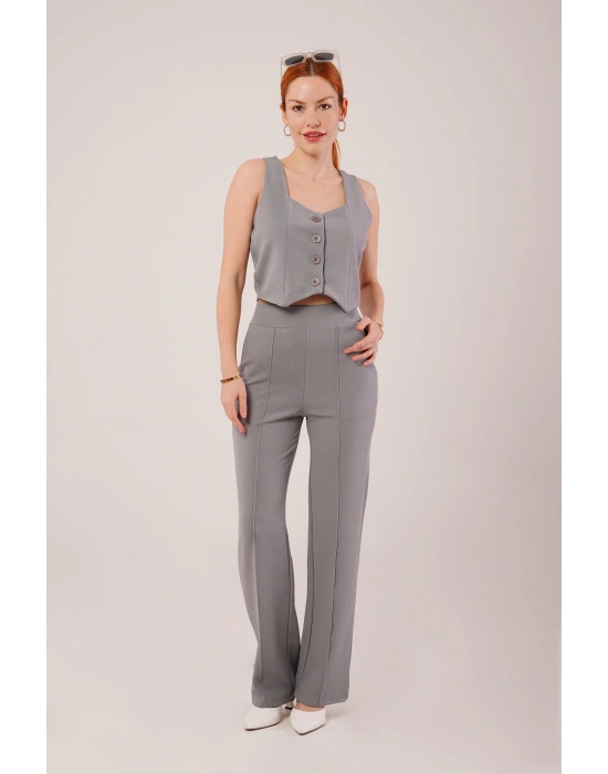 Kalın Askılı Düğmeli Yelek Ve Pantolon Gri Takım