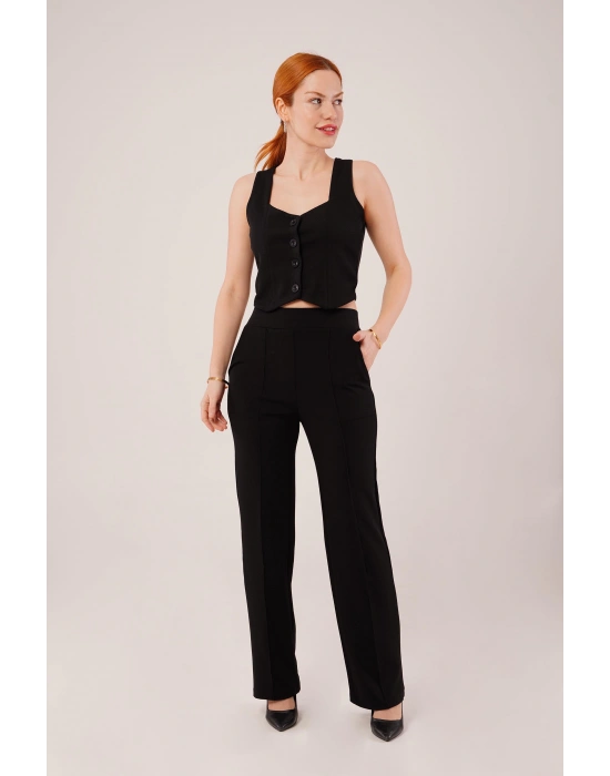 Kalın Askılı Düğmeli Yelek Ve Pantolon Siyah Takım