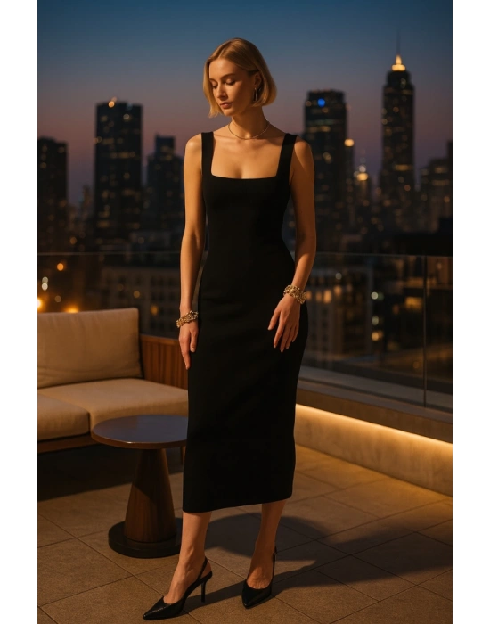 Kalın Askılı Midi Elbise