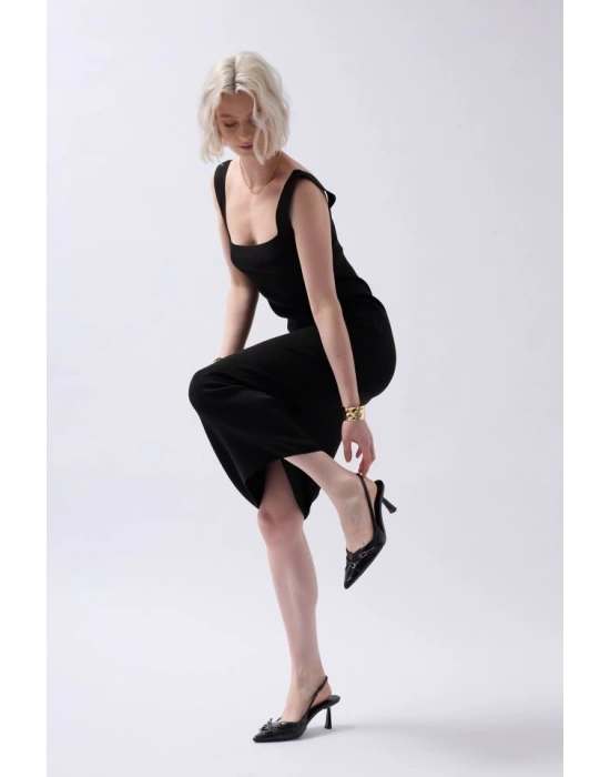 Kalın Askılı Midi Elbise