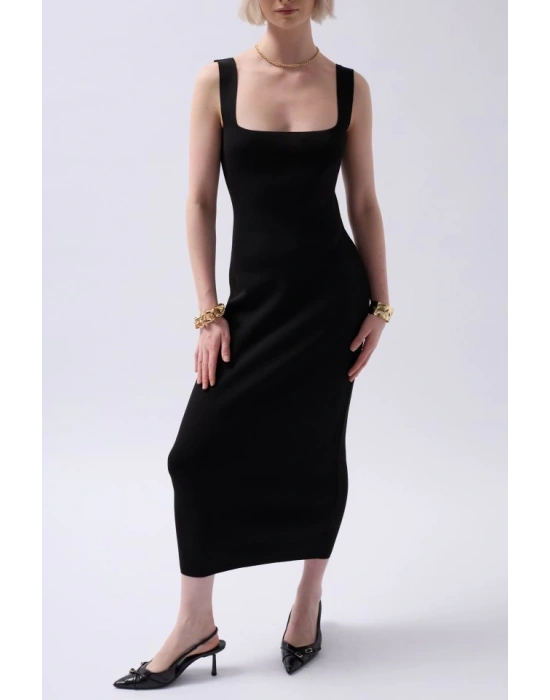 Kalın Askılı Midi Elbise