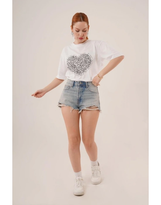 Kalp Baskılı Crop Beyaz Tişört