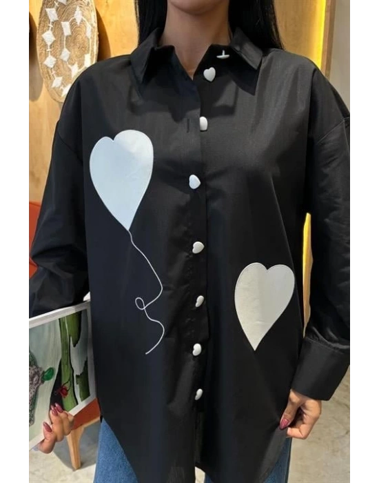 Kalp Nakışlı Ve Düğme Detaylı Oversize Gömlek 3430