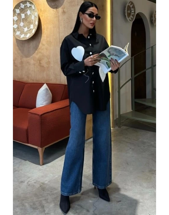 Kalp Nakışlı Ve Düğme Detaylı Oversize Gömlek 3430