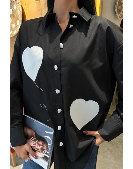 Kalp Nakışlı Ve Düğme Detaylı Oversize Gömlek 3430