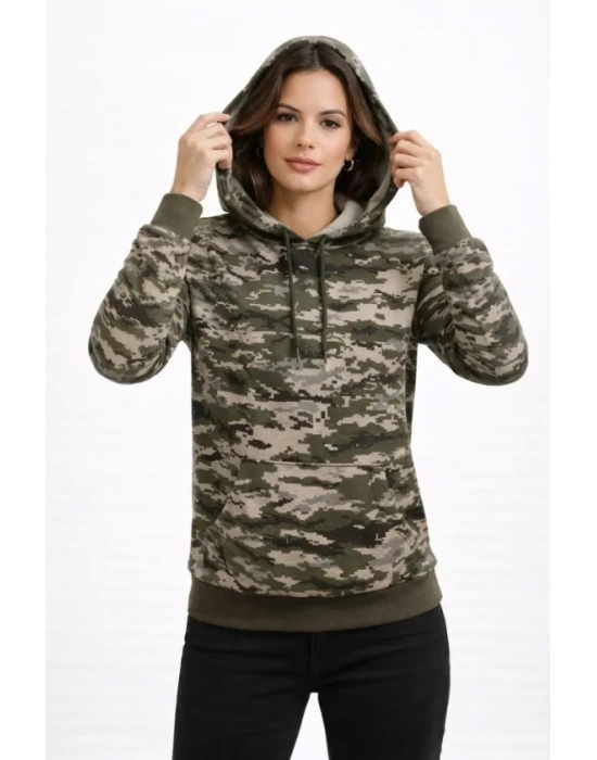 Kamuflaj Desenli 2 İplik 4 evsim Kapüşonlu Kanguru Cepli Hoodie weatshirt  Kamuflaj