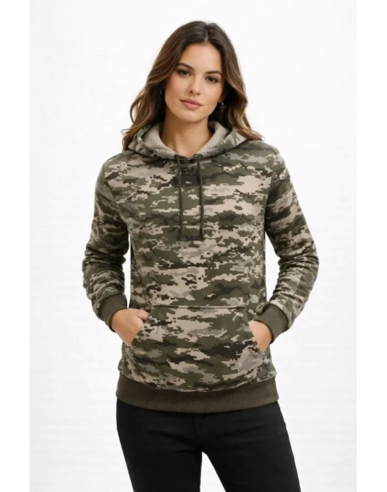 Kamuflaj Desenli 2 İplik 4 evsim Kapüşonlu Kanguru Cepli Hoodie weatshirt  Kamuflaj