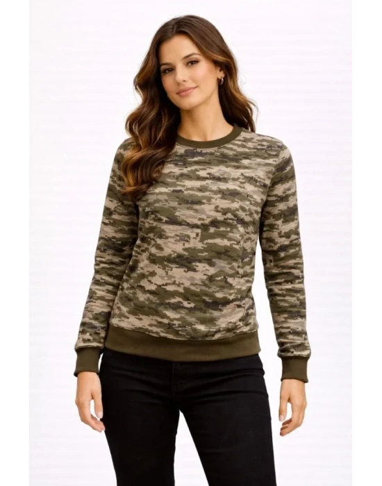 Kamuflaj Desenli 2 İplik 4 evsim Uzun Kollu Bisiklet Yaka weatshirt  Kamuflaj