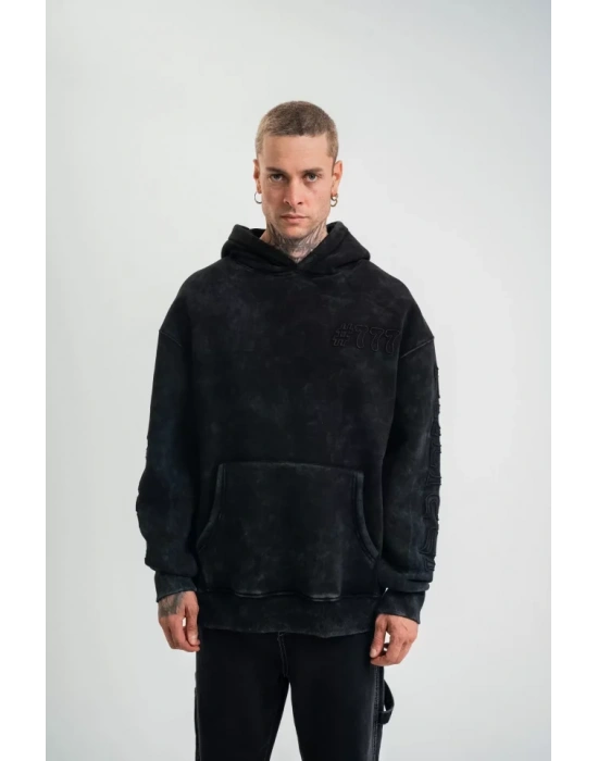 Kapşonlu Double Oversize Yıkamalı Evalı Nakışlı weathirt  iyah