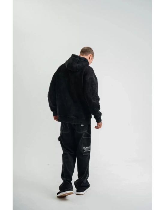 Kapşonlu Double Oversize Yıkamalı Evalı Nakışlı weathirt  iyah