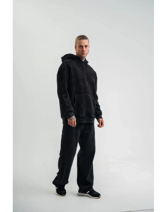 Kapşonlu Double Oversize Yıkamalı Evalı Nakışlı weathirt  iyah